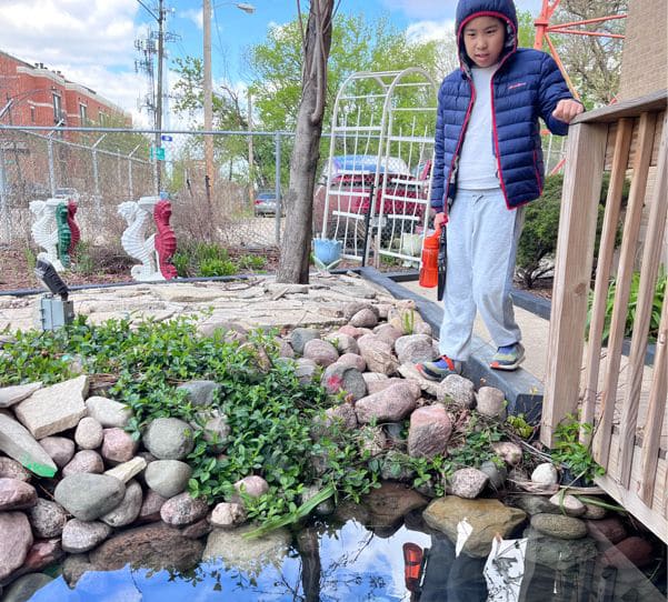 Child standing outdoors in Avondale, Chicago next to a small pond